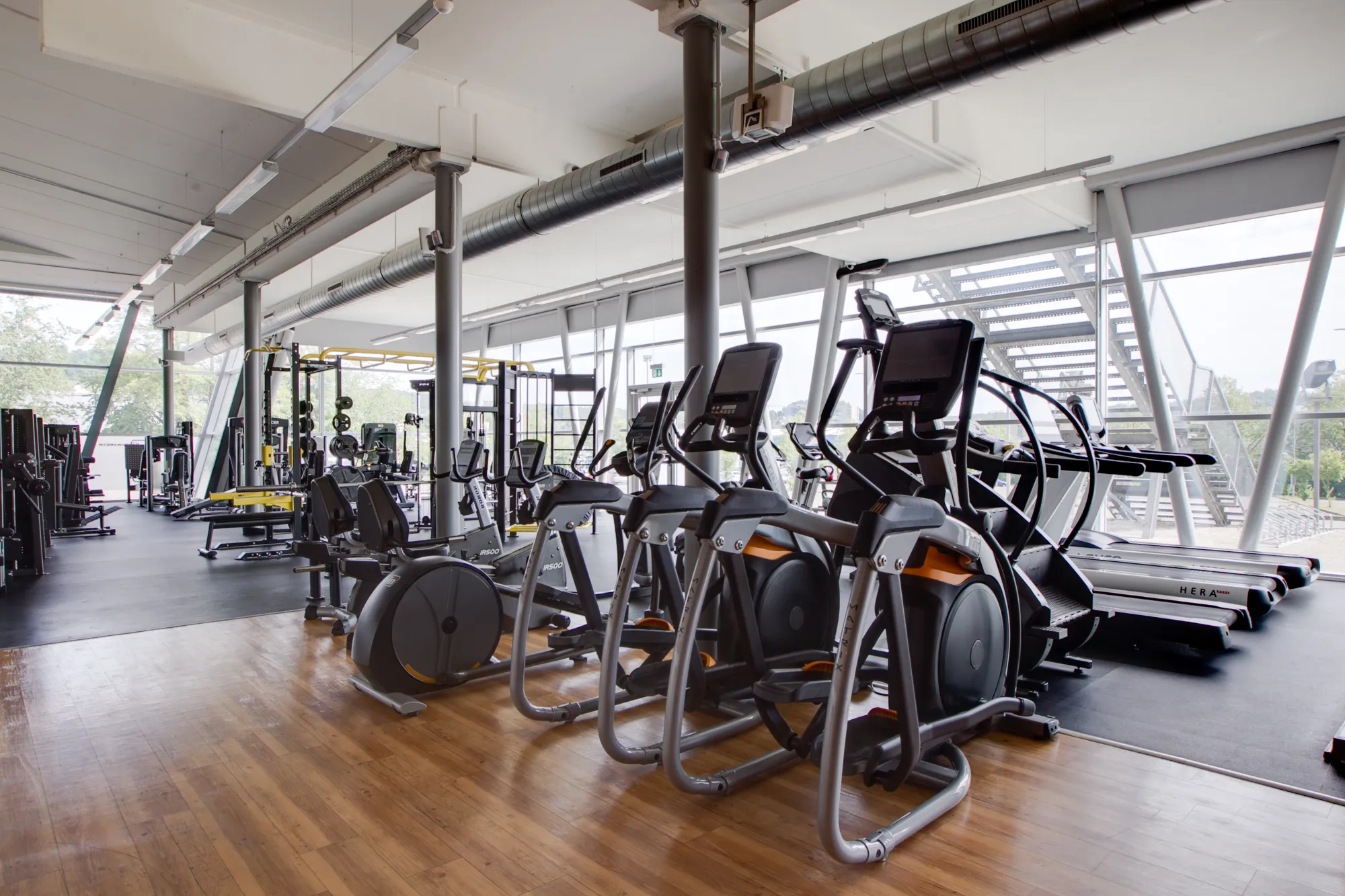 Trainingsfläche mit Cardio-Geräten und Tageslicht